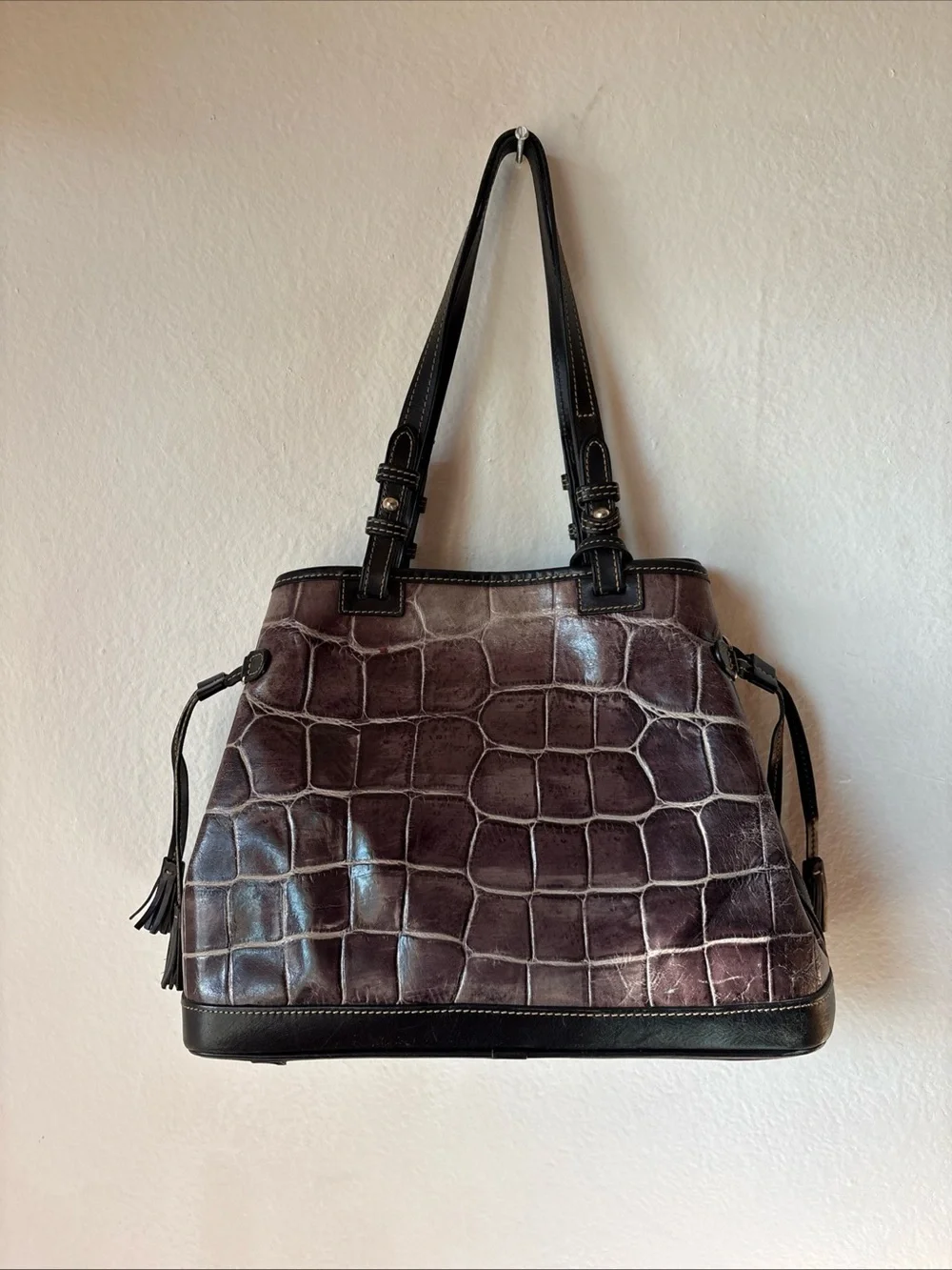 Dooney & Bourke Croc-Embossed Shoulder Tote - Deep Brown with Black Trim